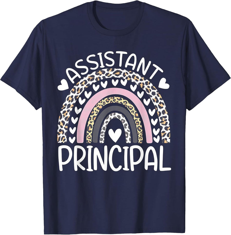 Assistant Principal Back to School First Day Rainbow Leopard T-Shirt - Navy Blue