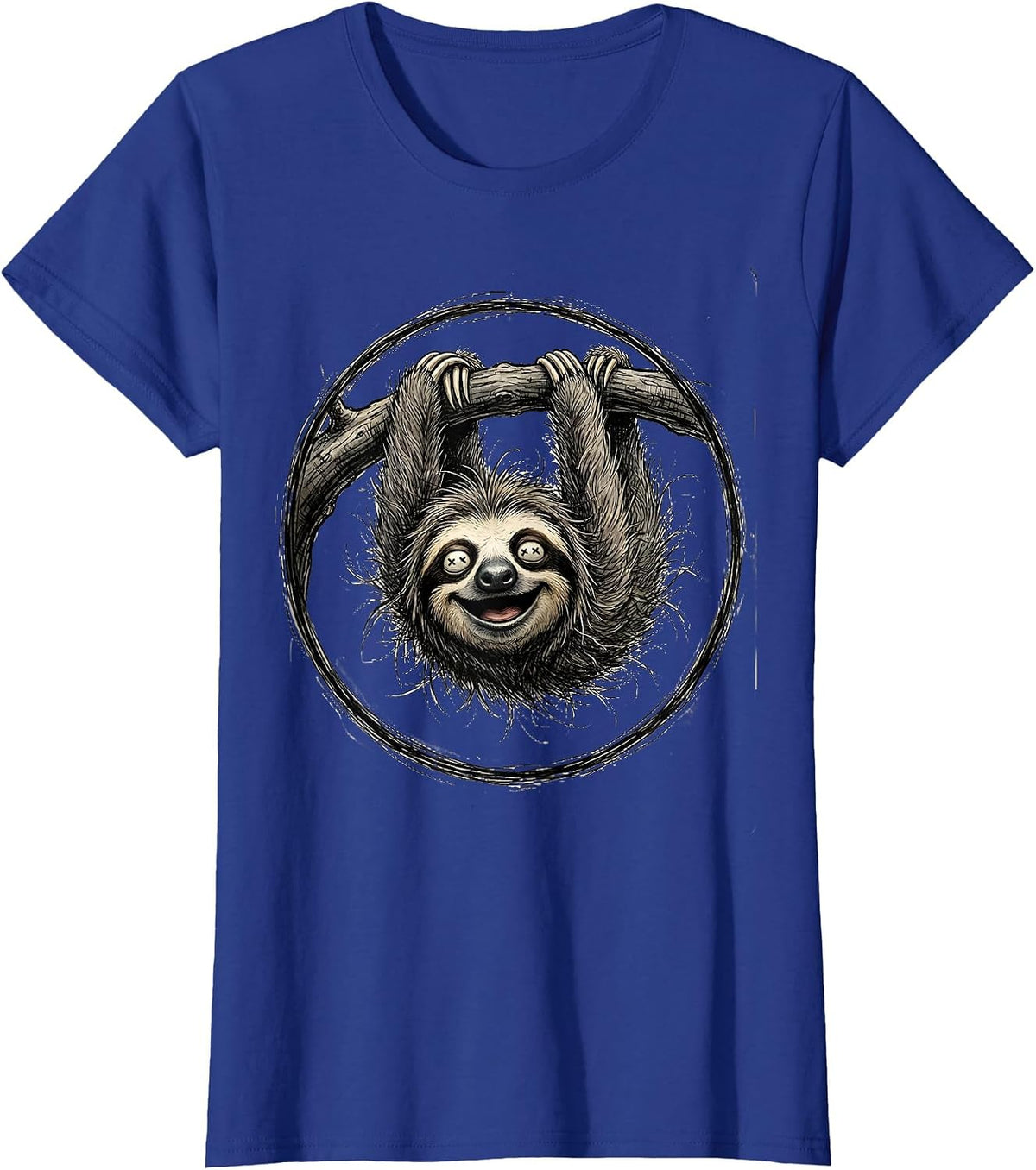 Women's Derpy Upside Down Sloth Hanging From Branch T-Shirt - Royal Blue