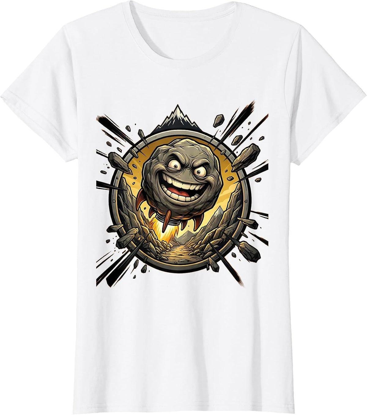 Boulder Rolling Down Mountain Graphic Tee T-Shirt - White