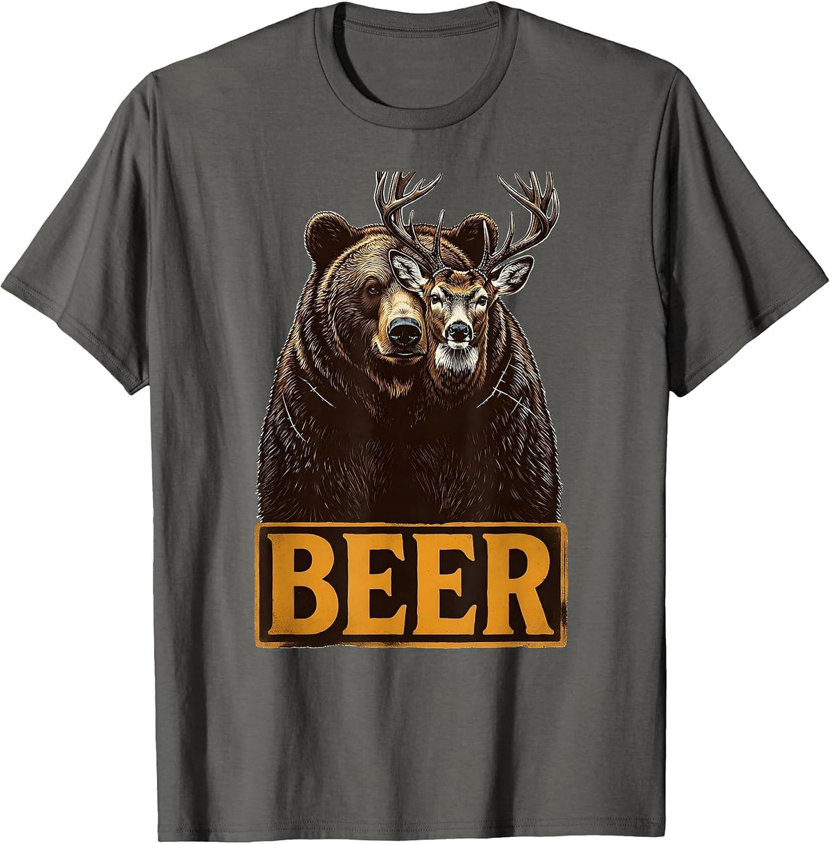Men's BEER Funny Bear Deer Hunting Drinking Wood Type Letterpress T-Shirt - Asphalt Grey