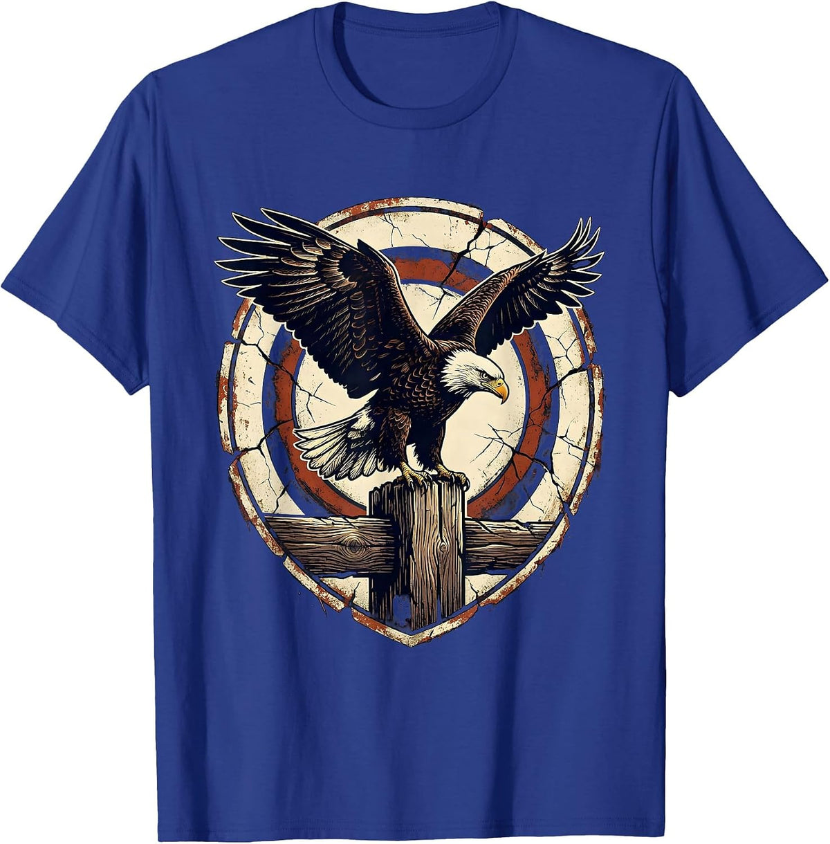 Men's Bald Eagle Patriotic Perched on Fence Post T-Shirt - Royal Blue