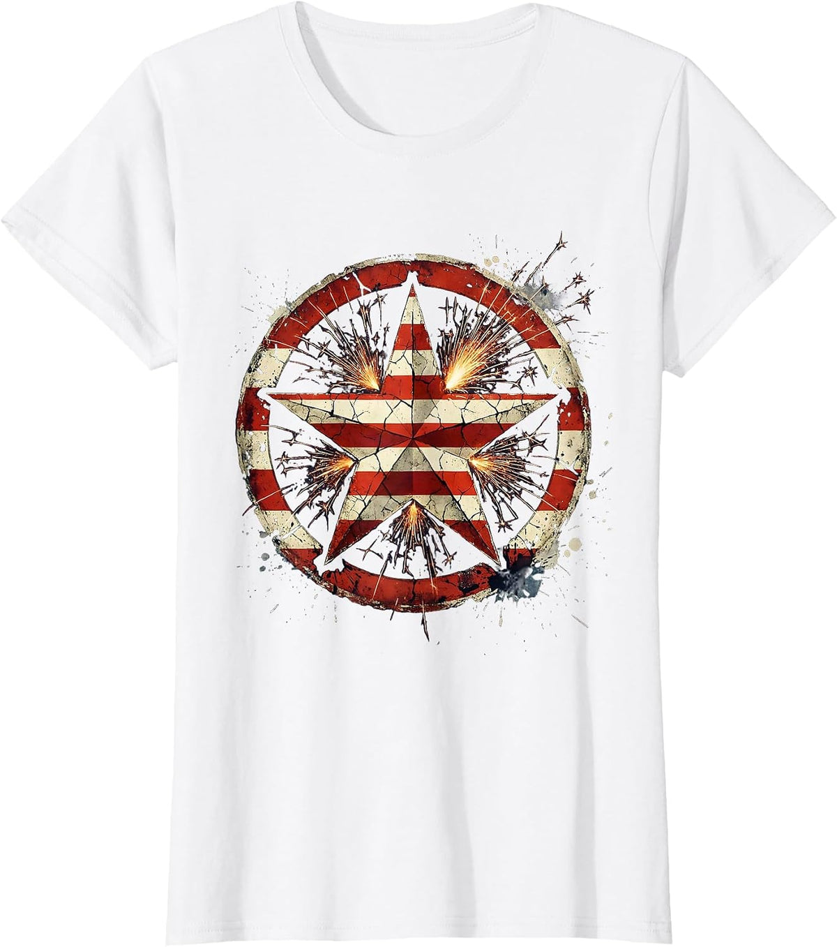 Women's Stars and Stripes Patriotic Fireworks Star Burst T-Shirt - White