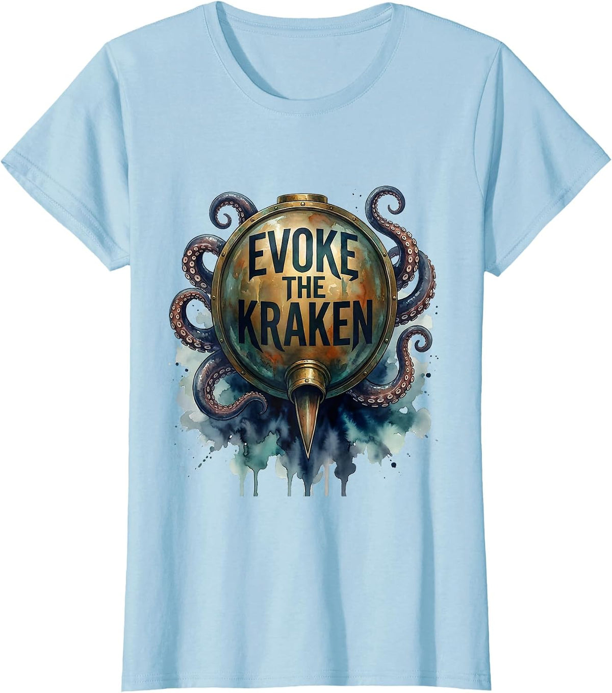 Evoke The Kraken Watercolor Octopus Kraken Marine Life T-Shirt - Baby Blue