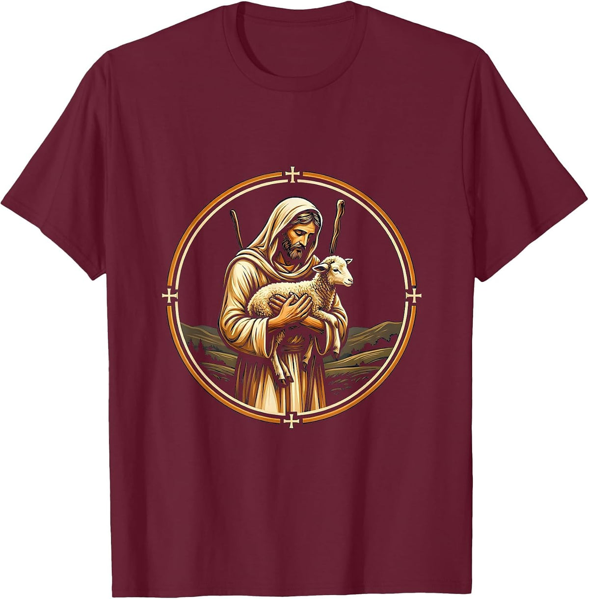 Shepherd Carrying Lost Sheep Christian Faith Design T-Shirt - Burgundy