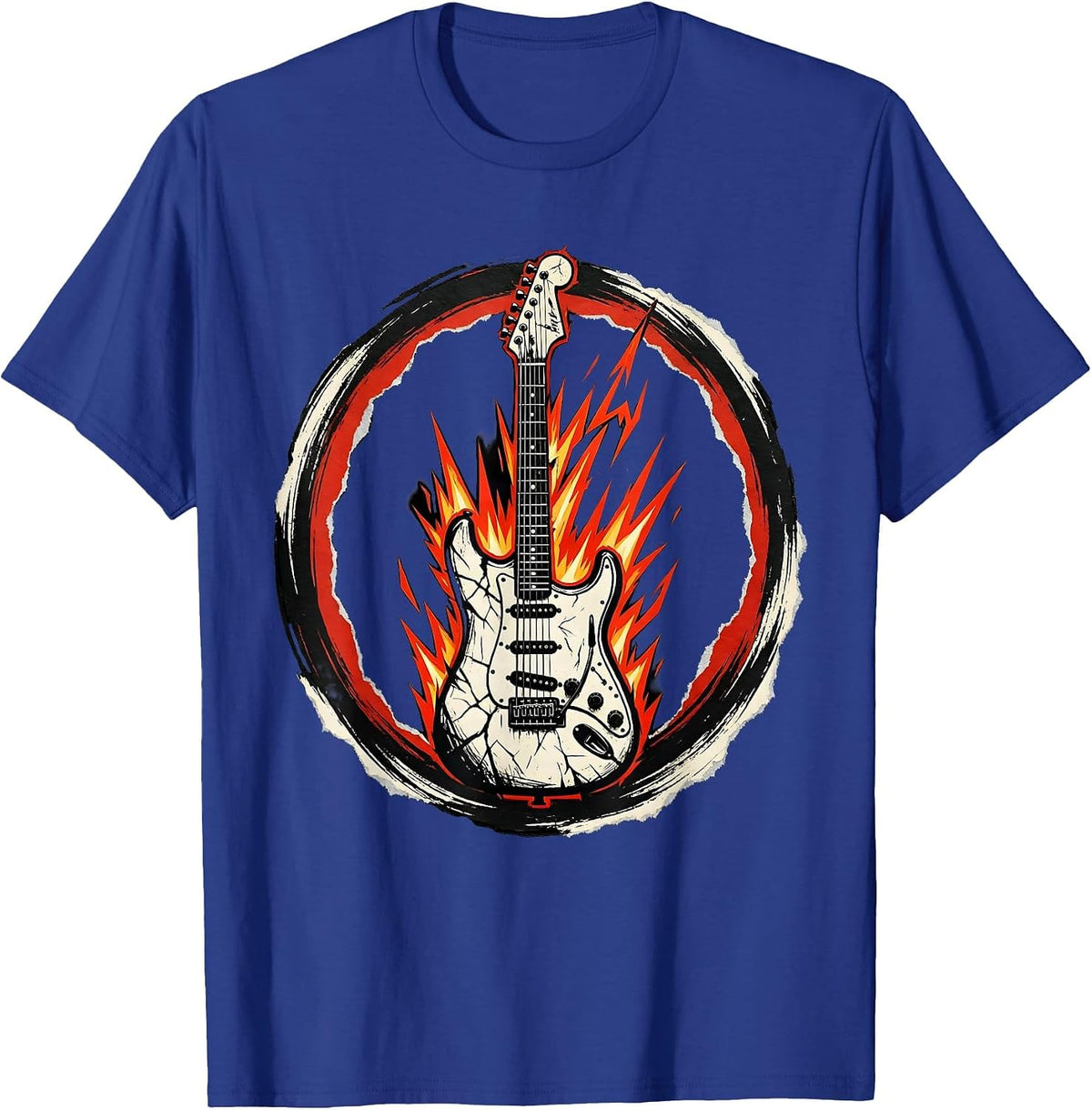 Flaming Electric Guitar Metal Graphic T-Shirt - Royal Blue