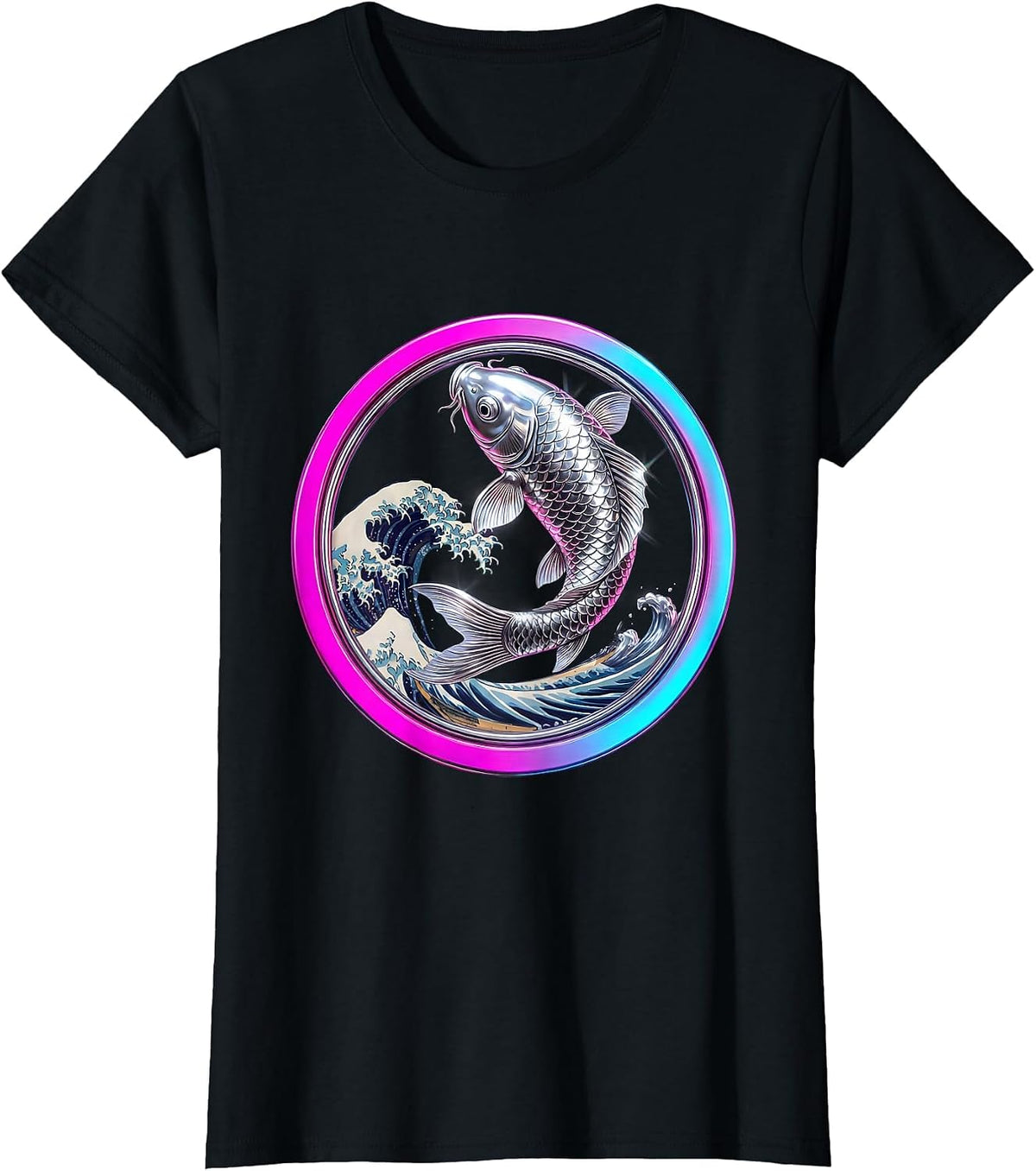 Women's Koi Fish Leaping Wave Anime Art Design T-Shirt - Black