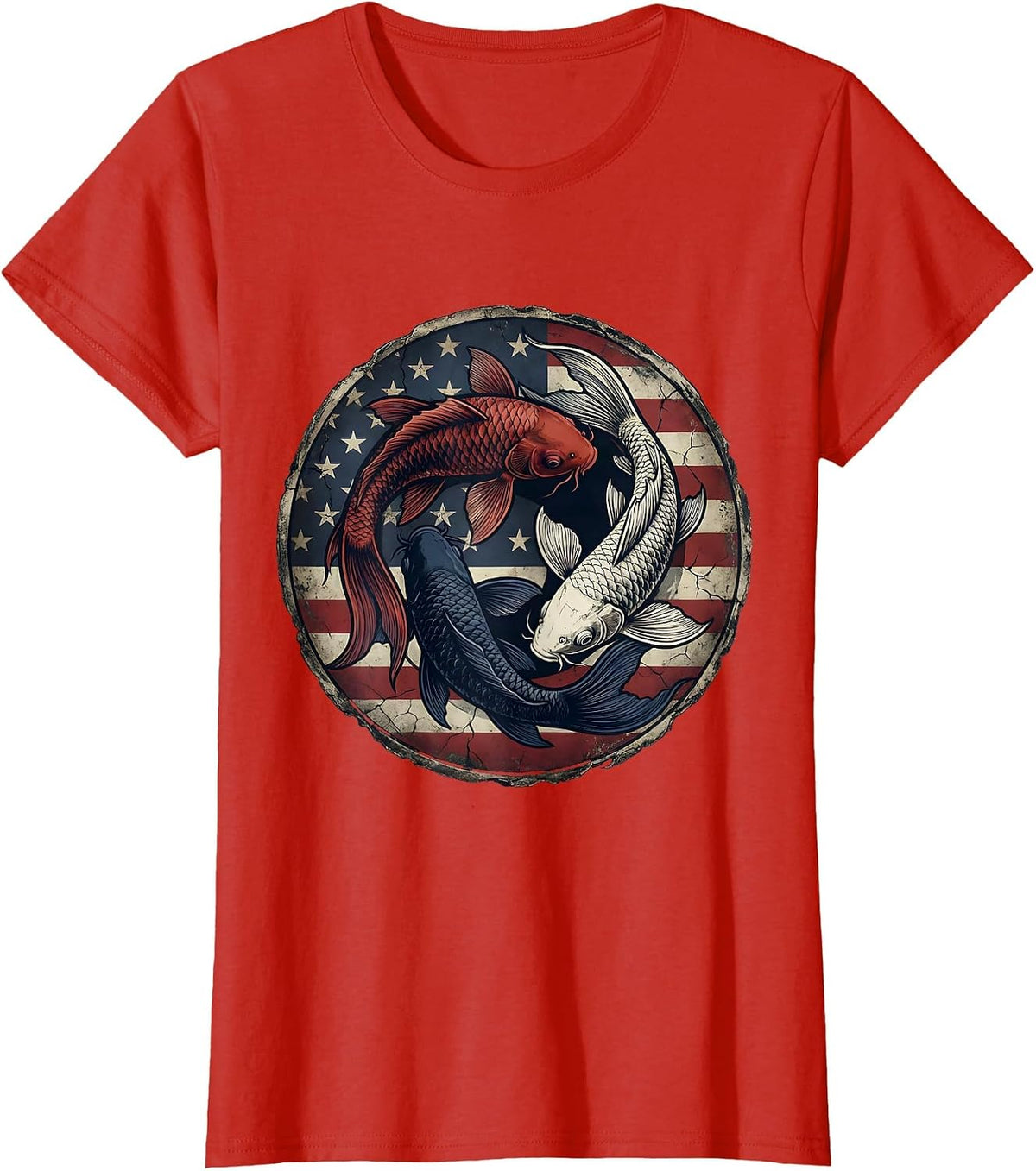 Women's Red White and Blue Koi Fish Intertwined Design T-Shirt - Red