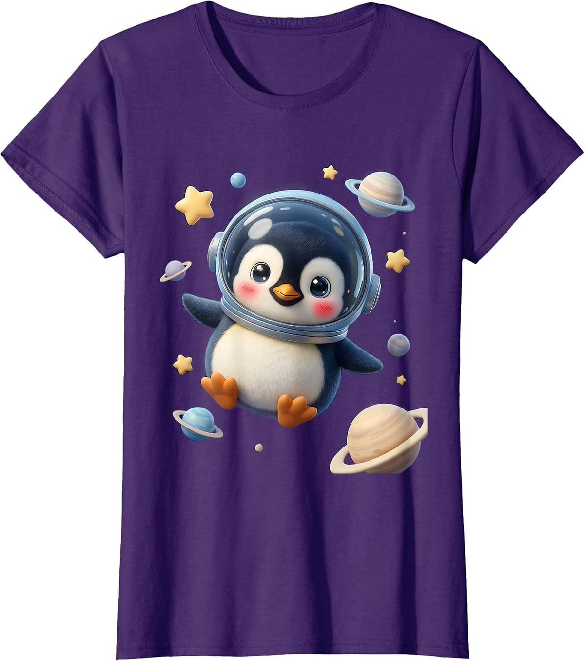 Women's Penguin Astronaut Floating in Outer Space T-Shirt - Purple