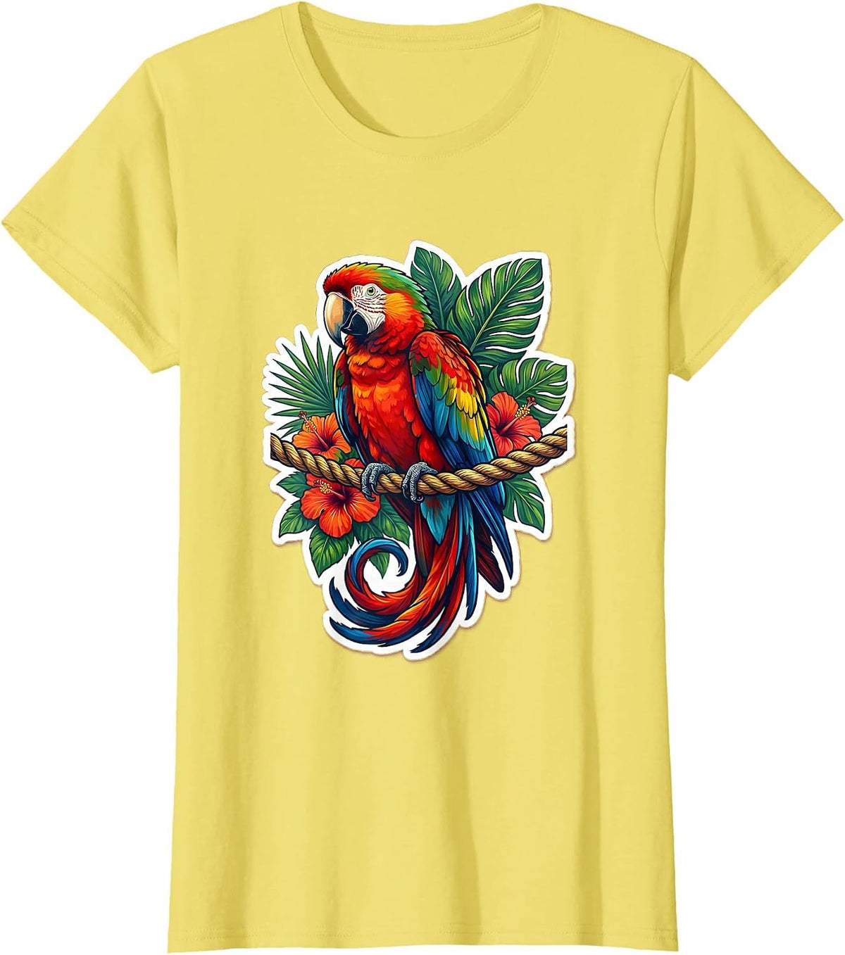 Tropical Parrot on Braided Rope Perch Hawaiian T-Shirt - Lemon Yellow