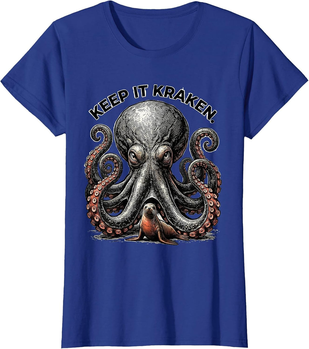 Women's Keep It Kraken Vintage Japanese Kraken Octopus Sea Monster T-Shirt - Royal Blue