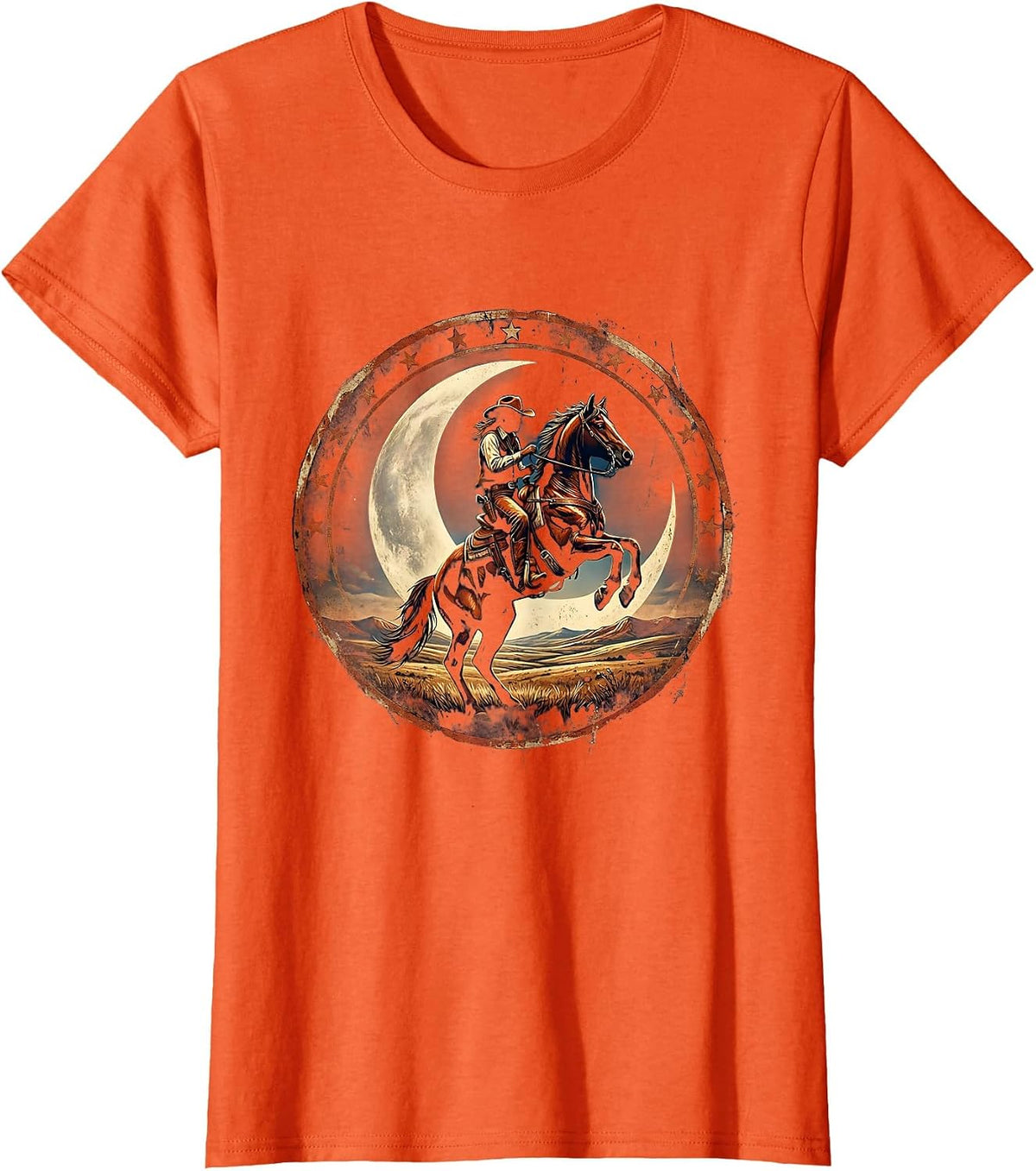 Cowgirl on Horseback Starry Night Sky Design T-Shirt - Orange
