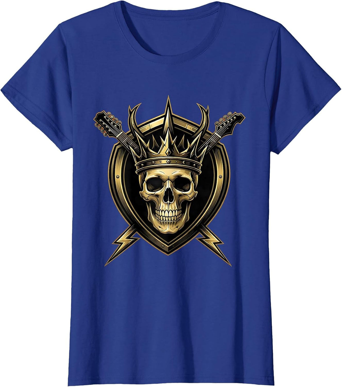 Women's Skull Crown Guitar Headstock Rock Band Graphic T-Shirt - Royal Blue