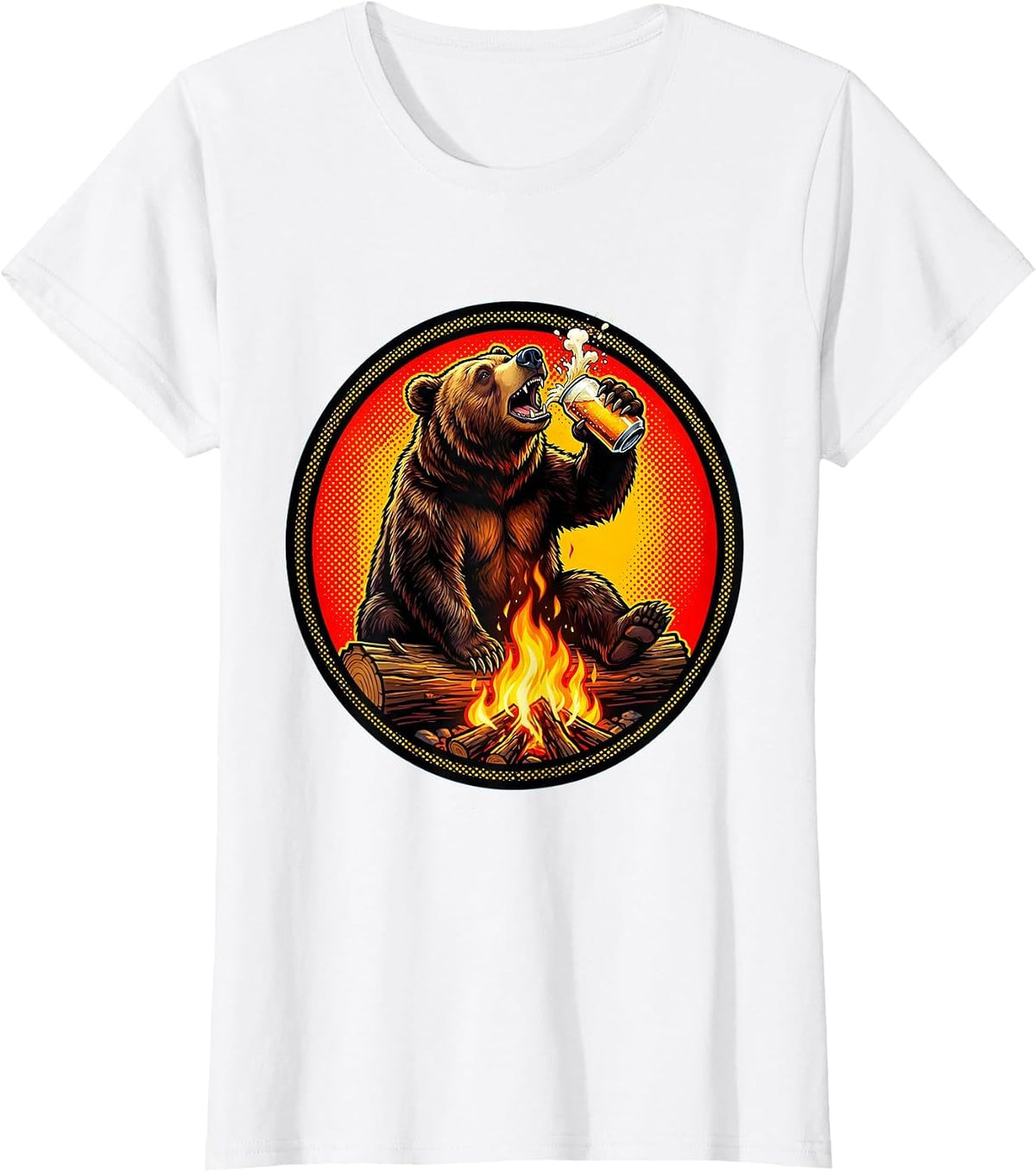 Women's Funny Bear Chugging Beer Campfire Graphic T-Shirt - White