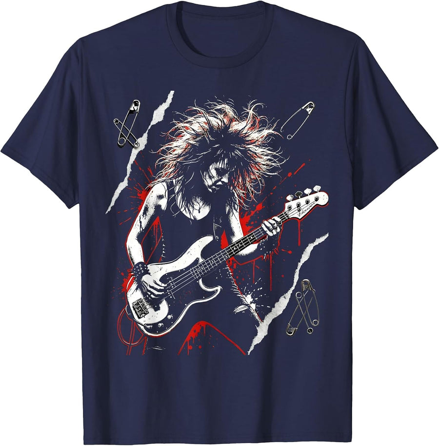 Bass Player Long Hair Mid-Performance Graphic T-Shirt - Navy Blue
