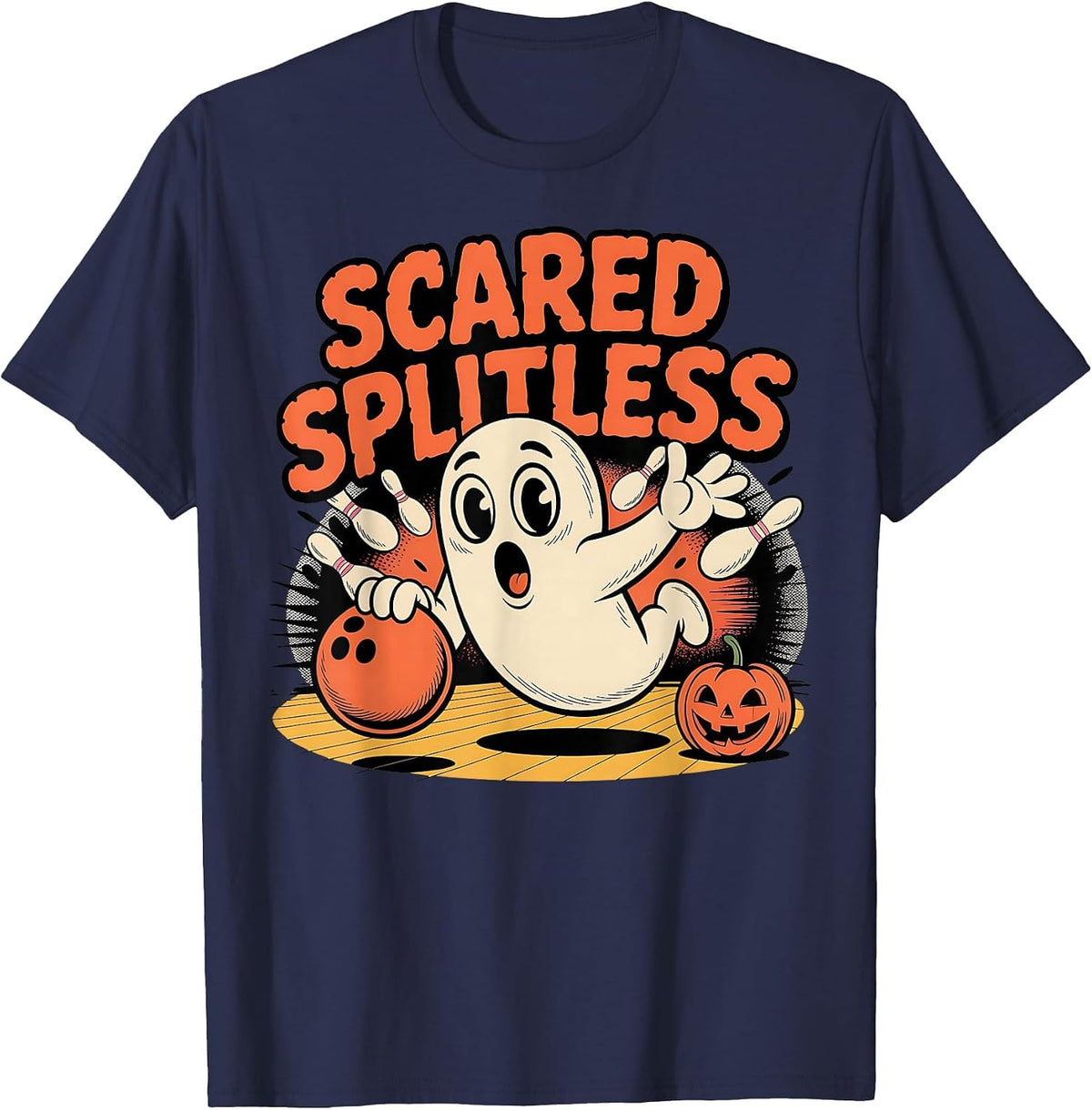 Scared Splitless Ghost Bowling Halloween Fun Design T-Shirt - Navy Blue
