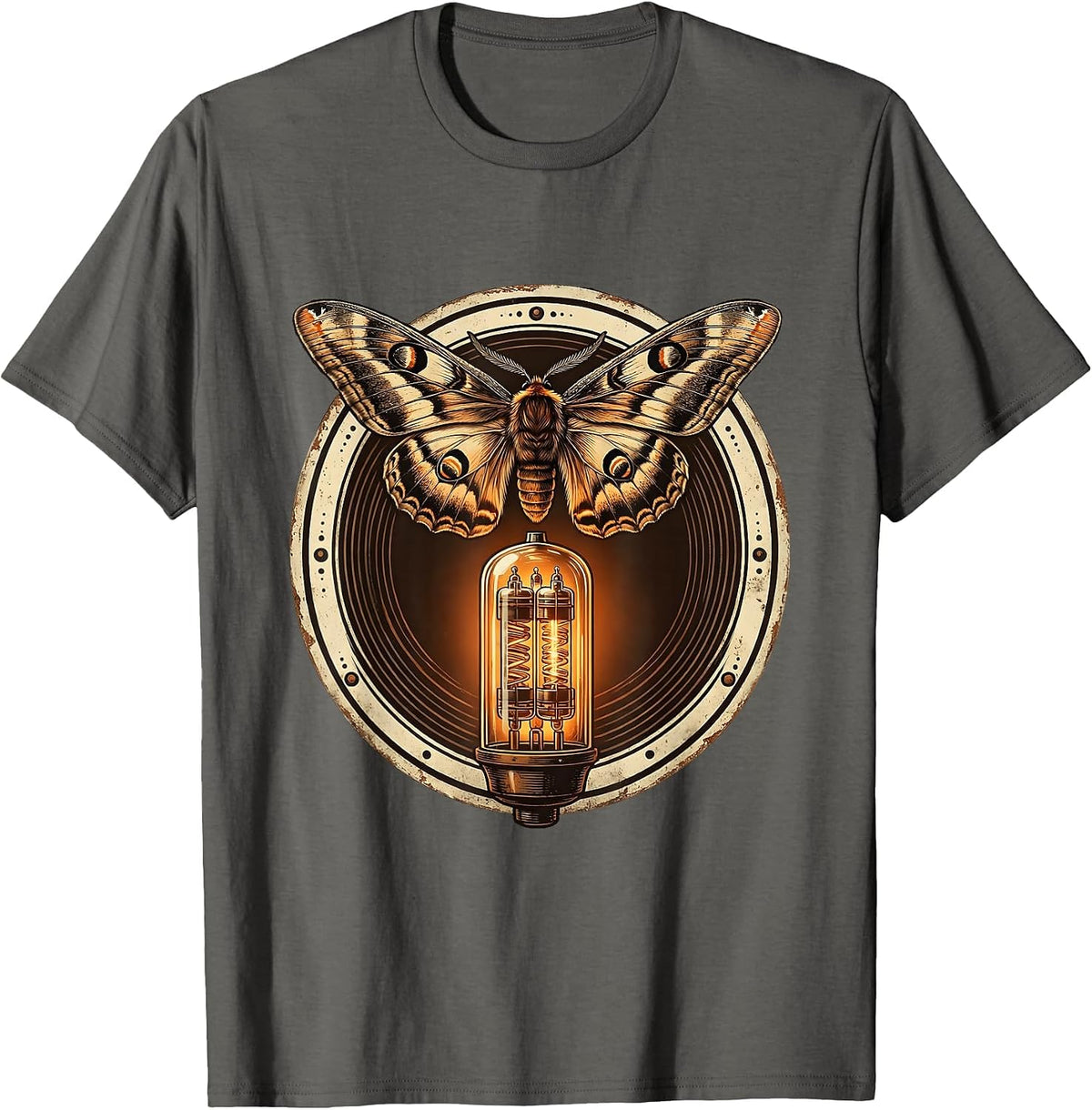 Moth and Vacuum Tube Amp Glow Rock Graphic T-Shirt - Asphalt Grey