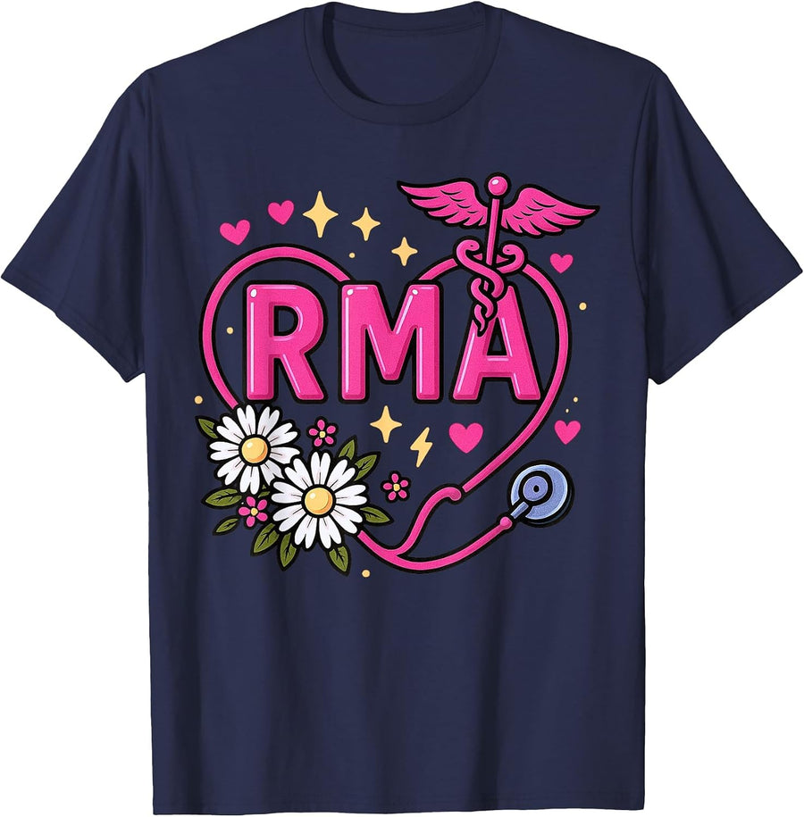 Nurse Pink Breast Cancer RMA Registered Medical Assistant T-Shirt - Navy Blue