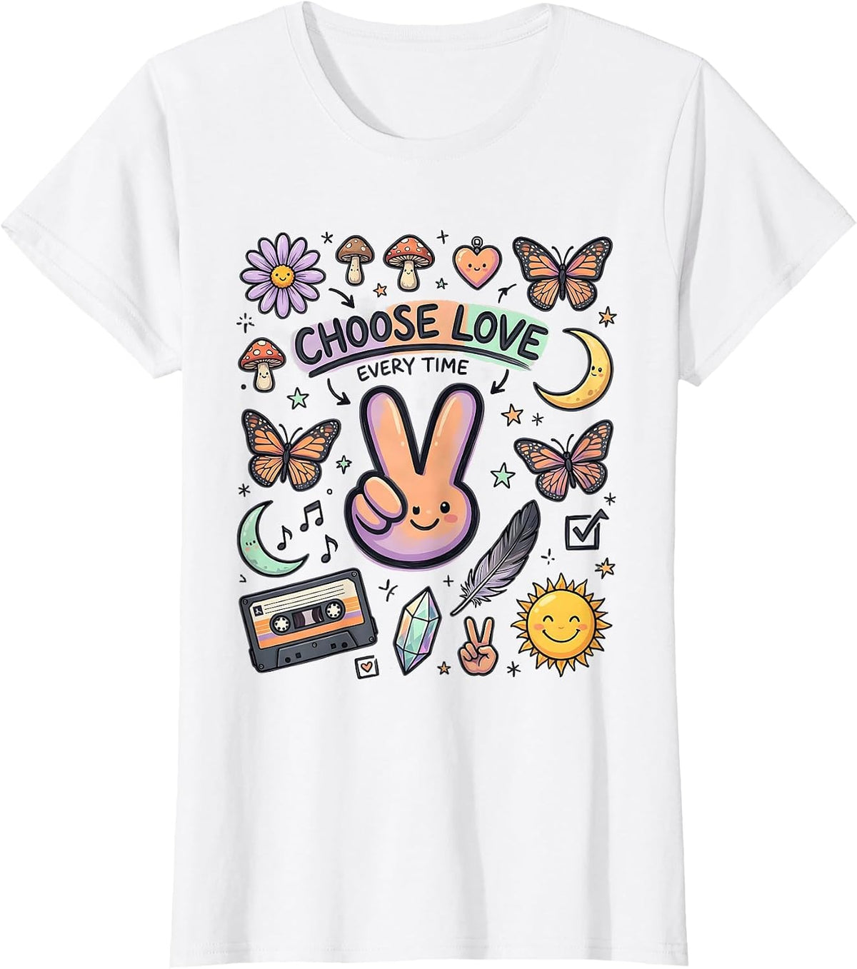 Women's Choose Love Every Time Hippie Boho Design T-Shirt - White