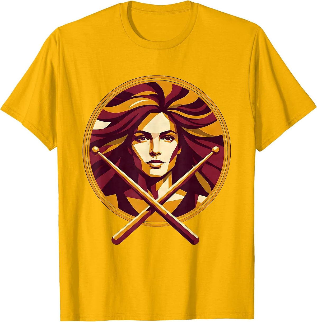 Woman Drummer Crossed Drumsticks Portrait Design T-Shirt - Golden Yellow