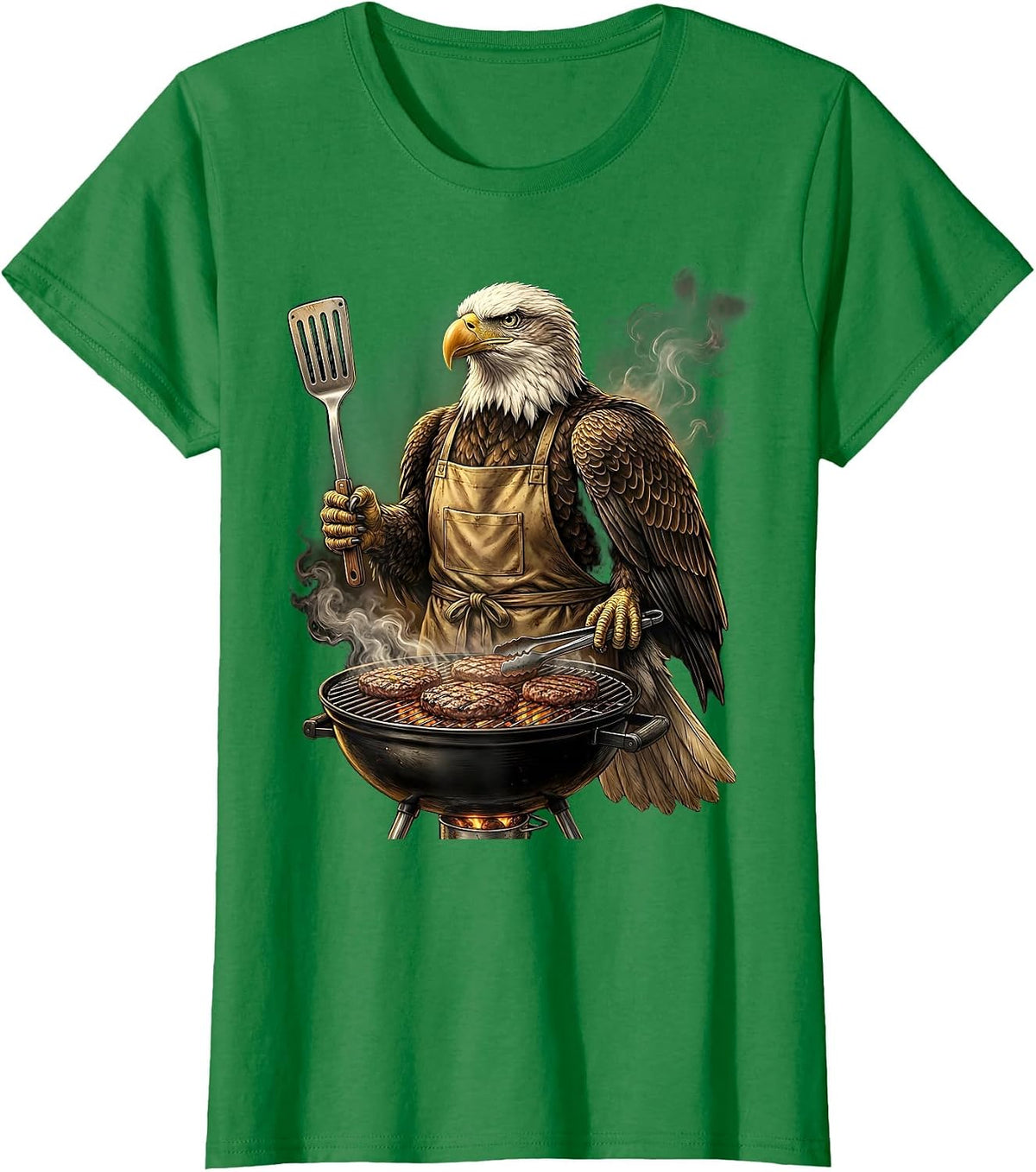 Women's Bald Eagle Grilling Burgers Funny BBQ Design T-Shirt - Kelly Green
