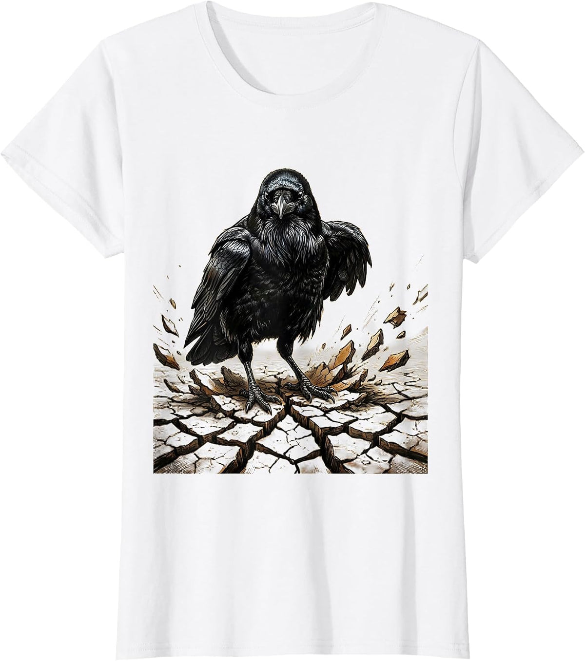 Women's Crow Standing Over Cracked Ground Graphic T-Shirt - White