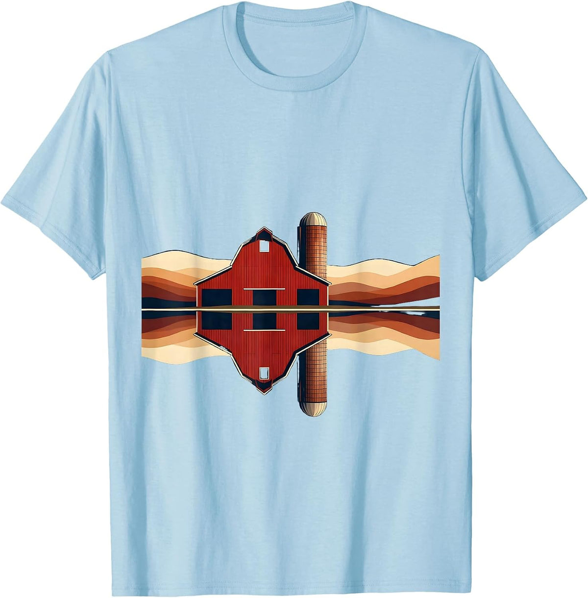 Men's Red Barn Reflected in Still Pond Illustration T-Shirt - Baby Blue