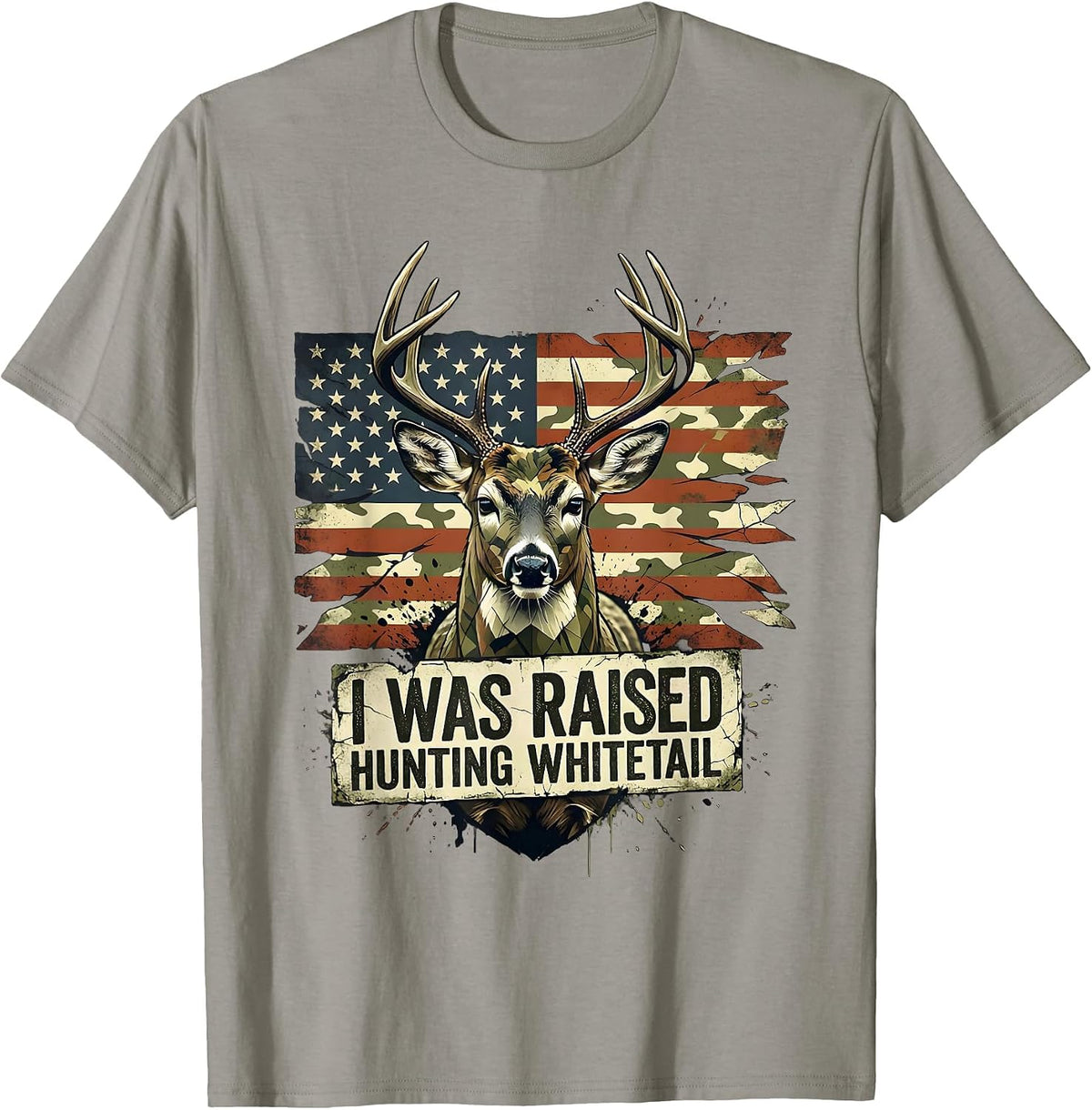 Men's I Was Raised Hunting Whitetail Distressed Camo Deer Hunter T-Shirt - Slate Grey