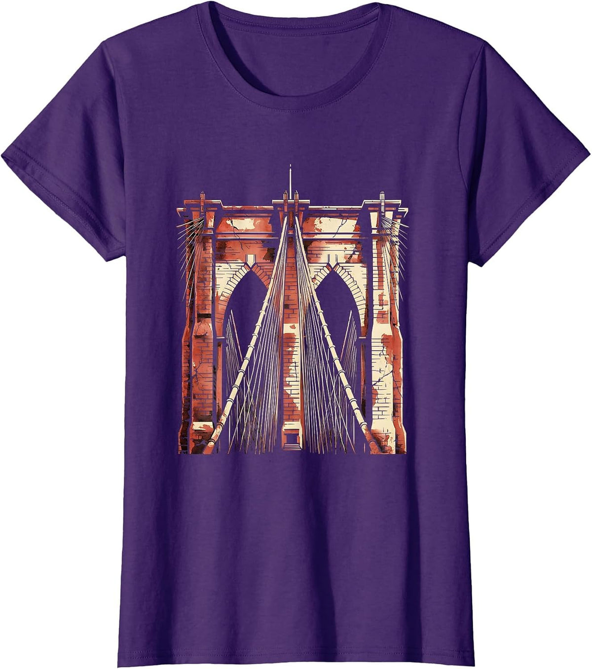Women's Brooklyn Bridge Cables Morning Light Illustration T-Shirt - Purple