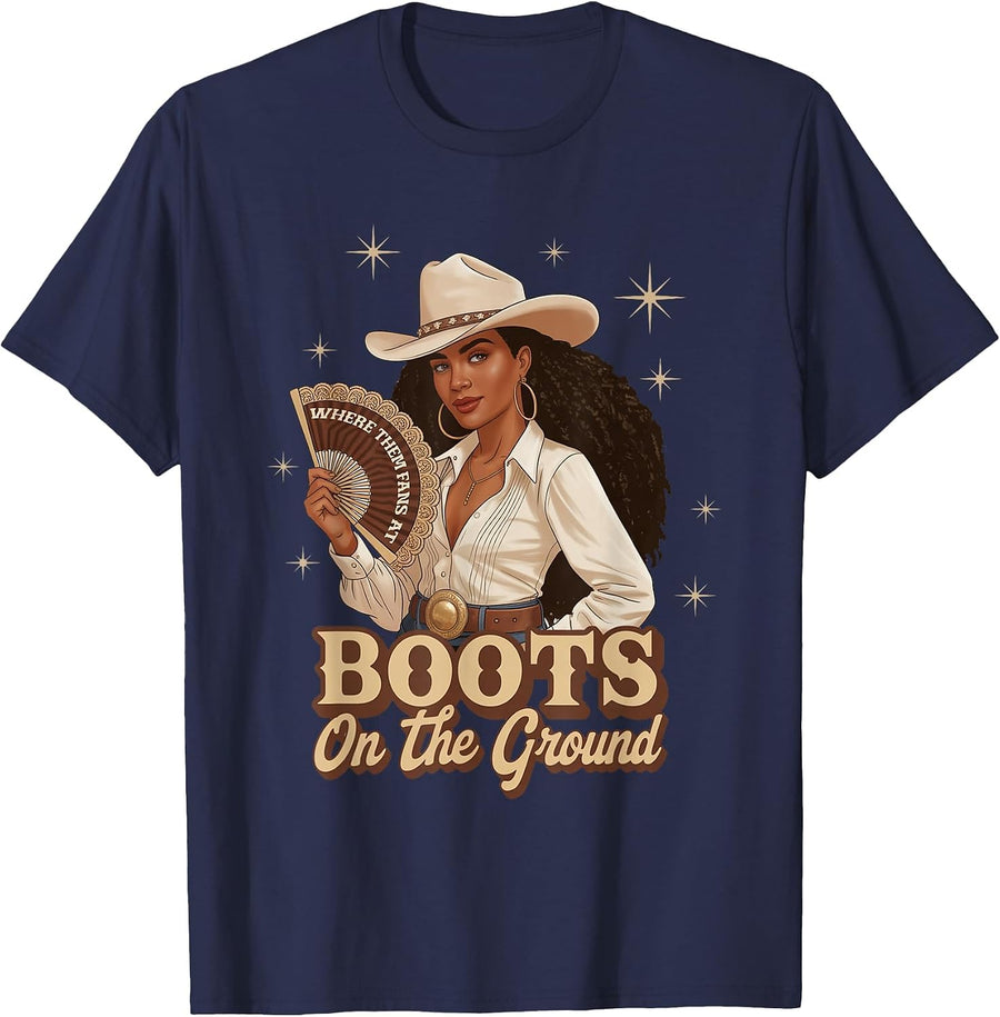 Boots On The Ground Juneteenth Cowgirl Where Them Fans At T-Shirt - Navy Blue