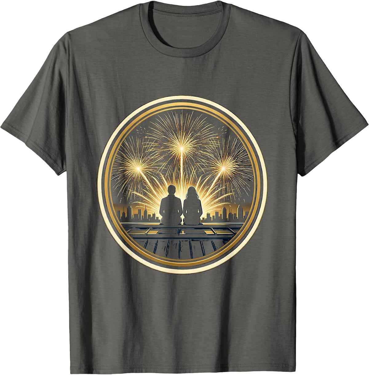 Rooftop Fireworks Couple Night Sky Illustration T-Shirt - Asphalt Grey