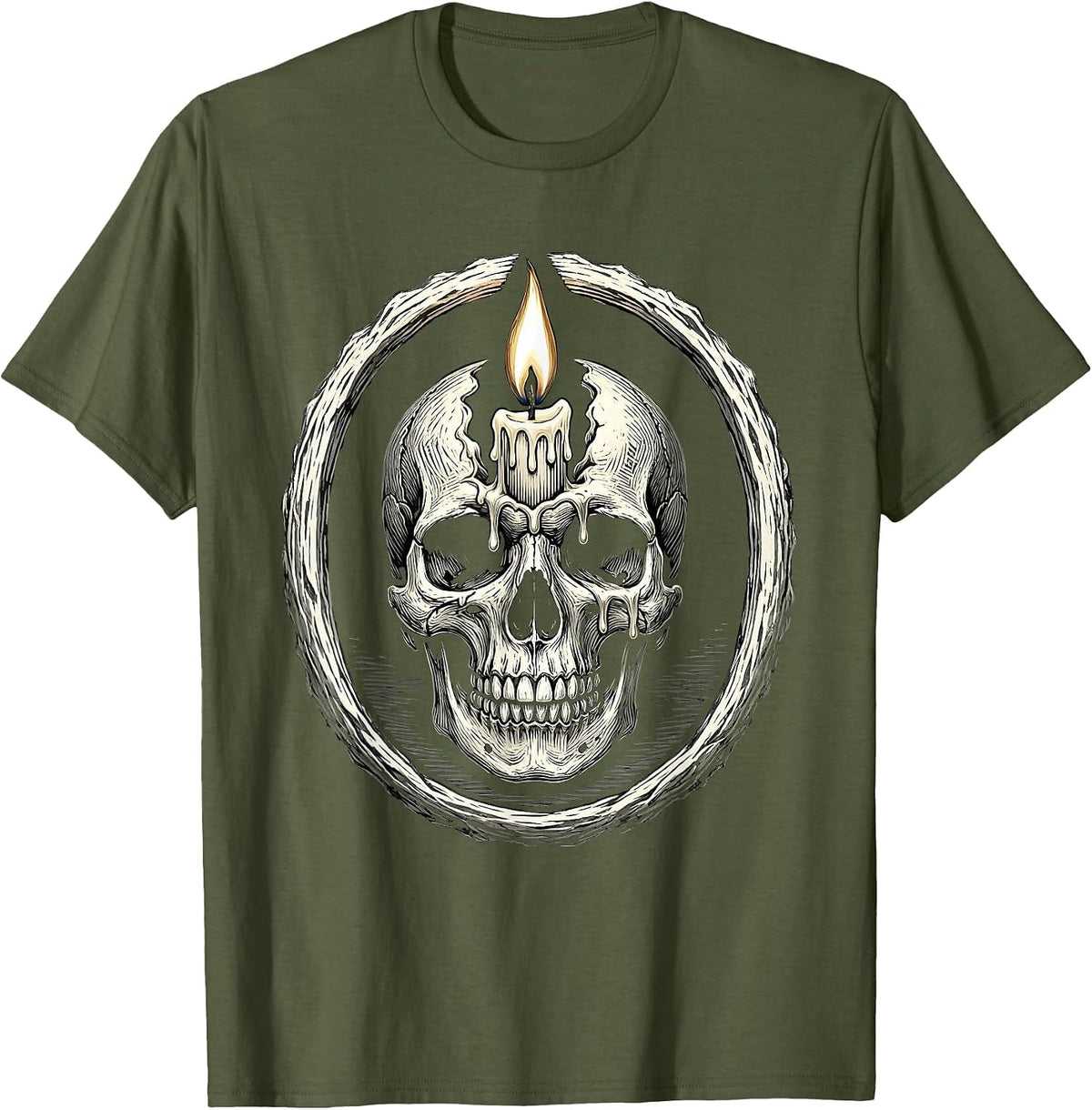 Melting Candle Skull Emo Gothic Dark Art Design T-Shirt - Olive Green