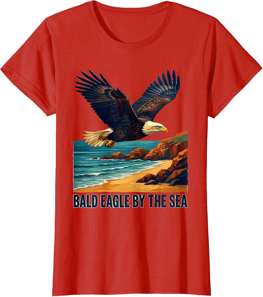 Women's Bald Eagle By The Sea Vintage Nature Patriotic Wildlife T-Shirt - Red