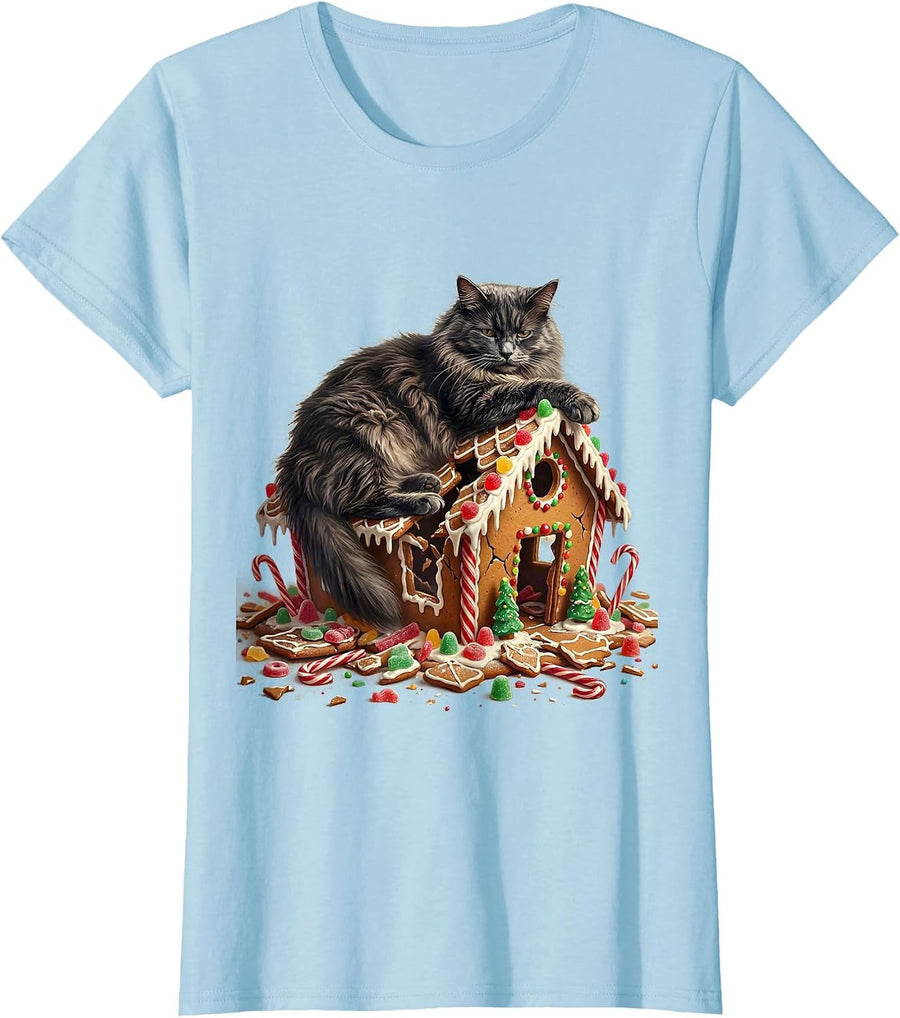 Women's Calm Cat Collapsed Gingerbread House Funny Christmas T-Shirt - Baby Blue