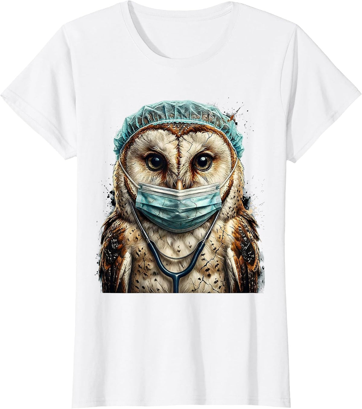 Women's Nurse Owl Surgical Mask and Cap Illustration T-Shirt - White