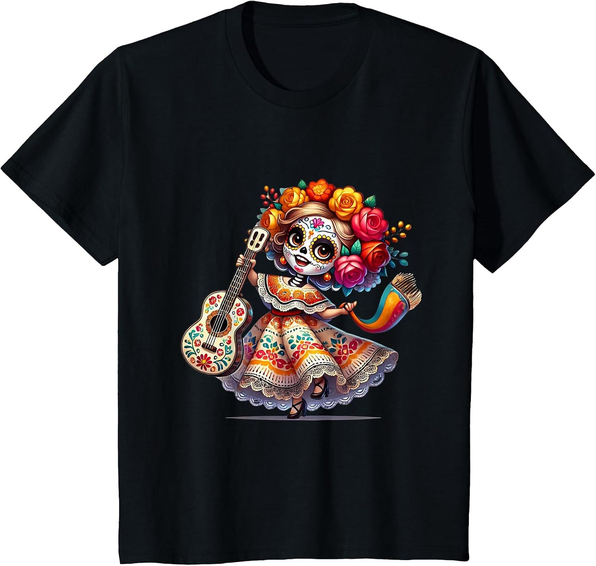La Catrina Hispanic Heritage Month Mexican Halloween Flower T-Shirt - Black