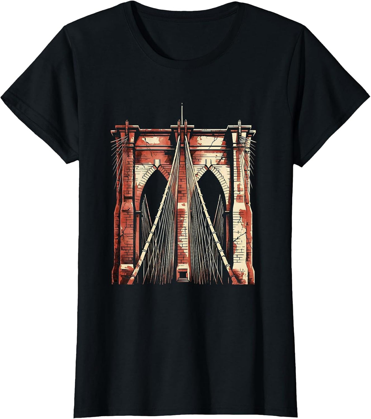 Women's Brooklyn Bridge Cables Morning Light Illustration T-Shirt - Black