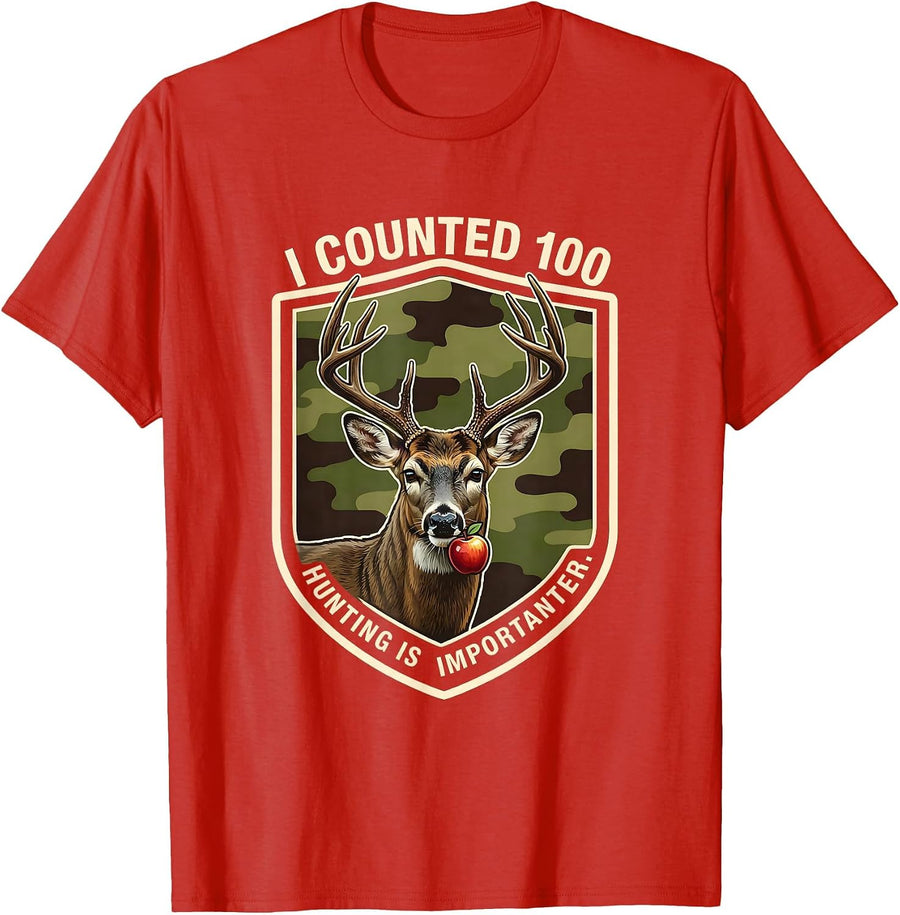 Men's I Counted 100 Hunting Is Importanter Camo Deer Portrait T-Shirt - Red