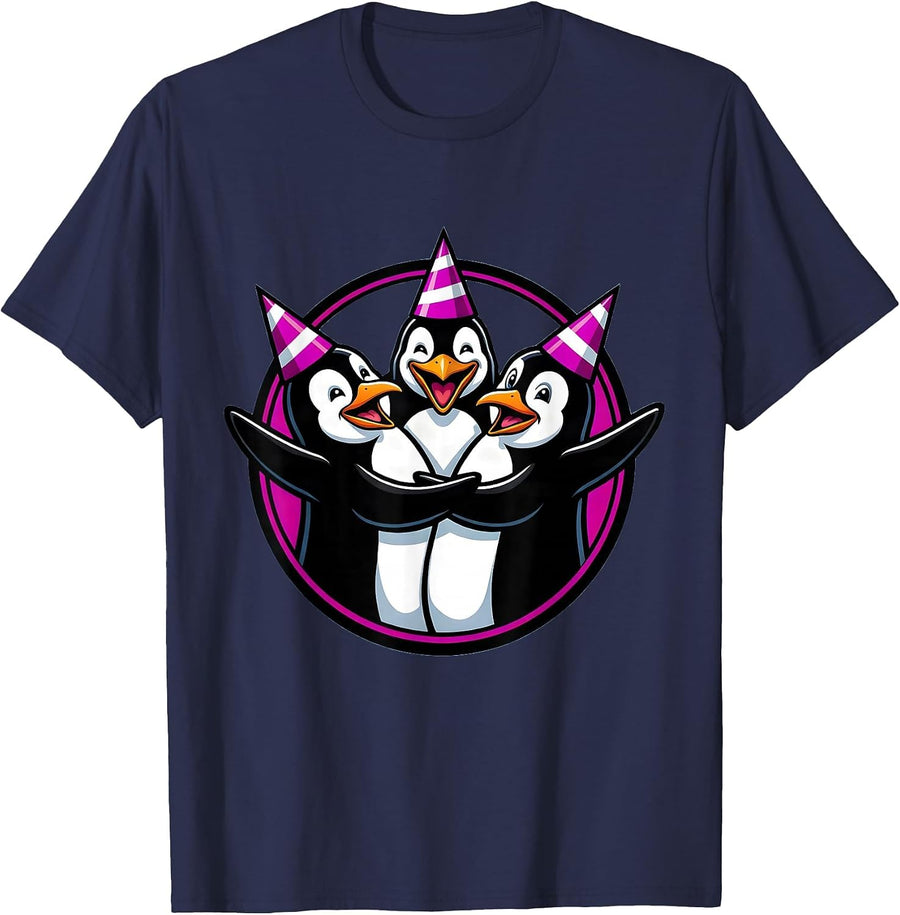 Birthday Squad Penguins Party Hats Celebration T-Shirt - Navy Blue
