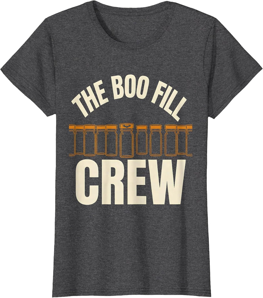 Women's The Boo Fill Crew Funny Pharmacy Tech Halloween Novelty T-Shirt - Dark Heather Grey