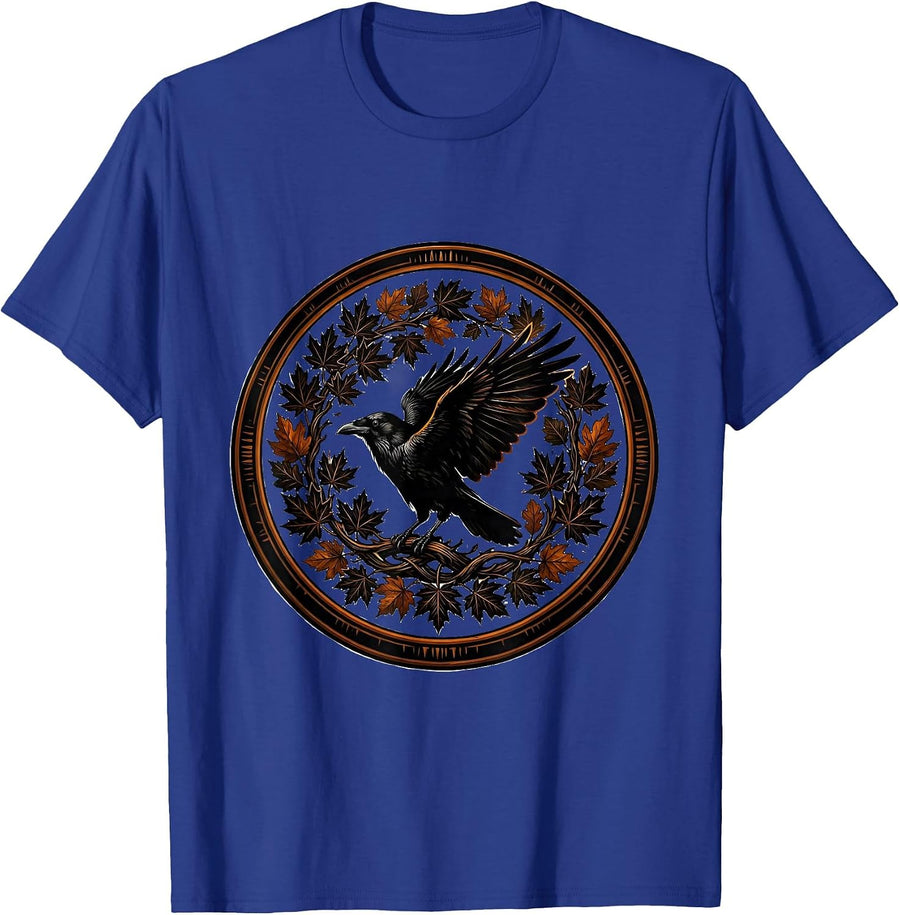 Crow and Swirling Autumn Leaves Illustration T-Shirt - Royal Blue