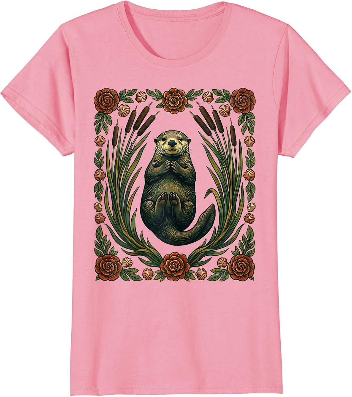 Women's Sea Otter Folk Art Floral Otter Lover Gift T-Shirt - Pink