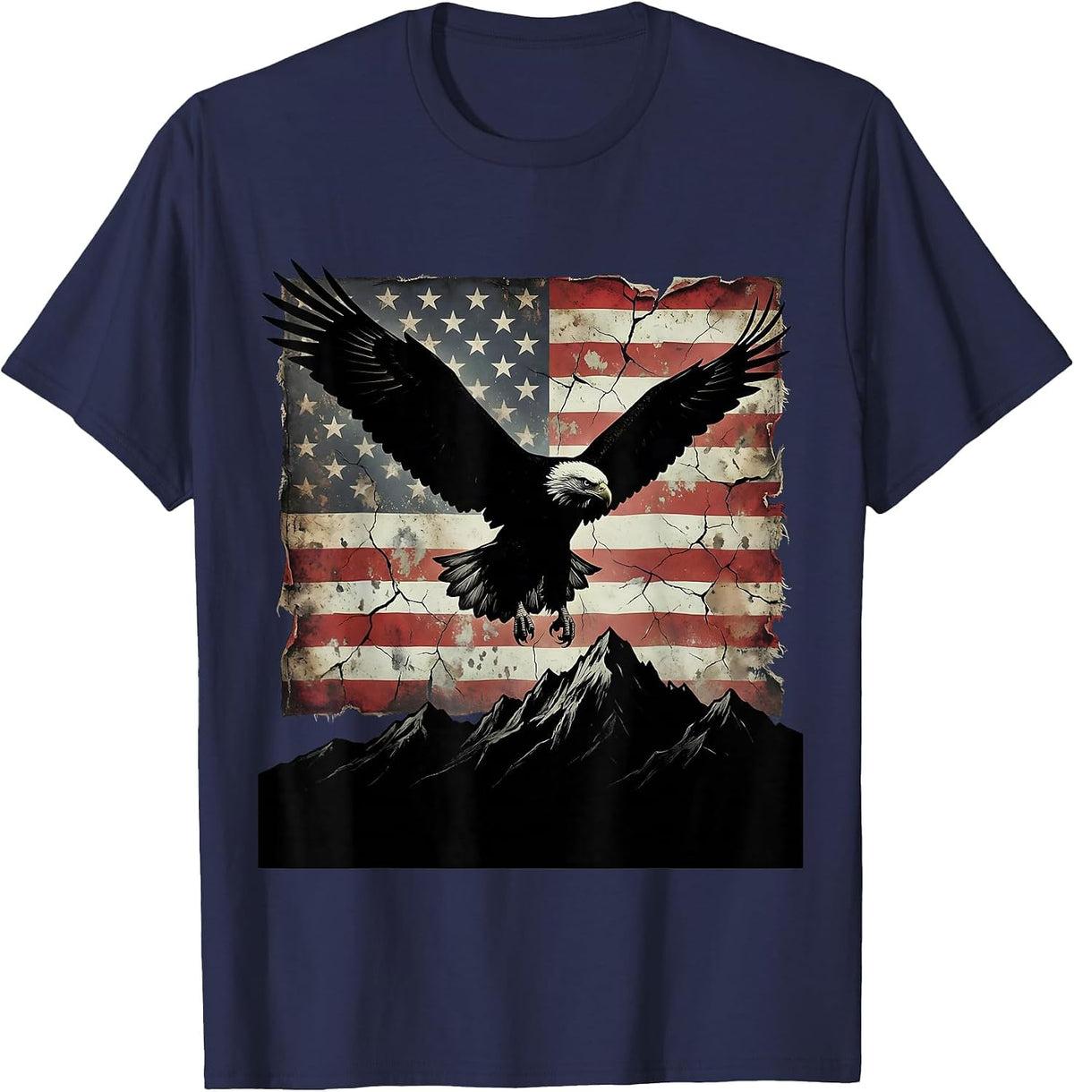 Men's Bald Eagle Soaring Over Mountains Red White Blue T-Shirt - Navy Blue
