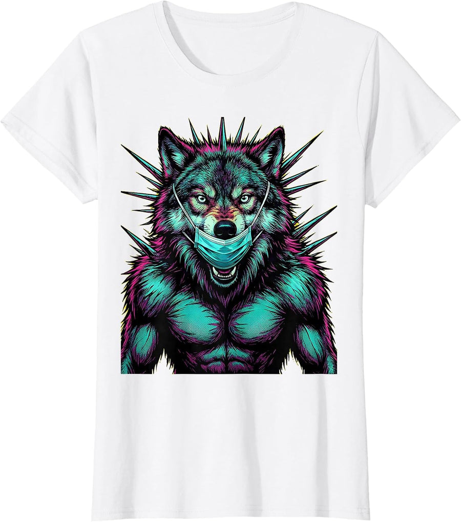 Women's Wolf Nurse Howling in Surgical Scrub Mask T-Shirt - White