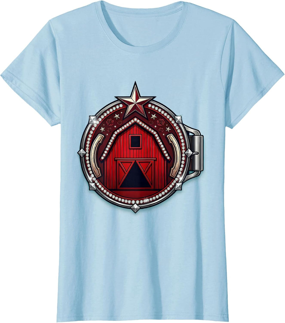 Barn Silhouette Dramatic Sunset Sky Graphic T-Shirt - Baby Blue