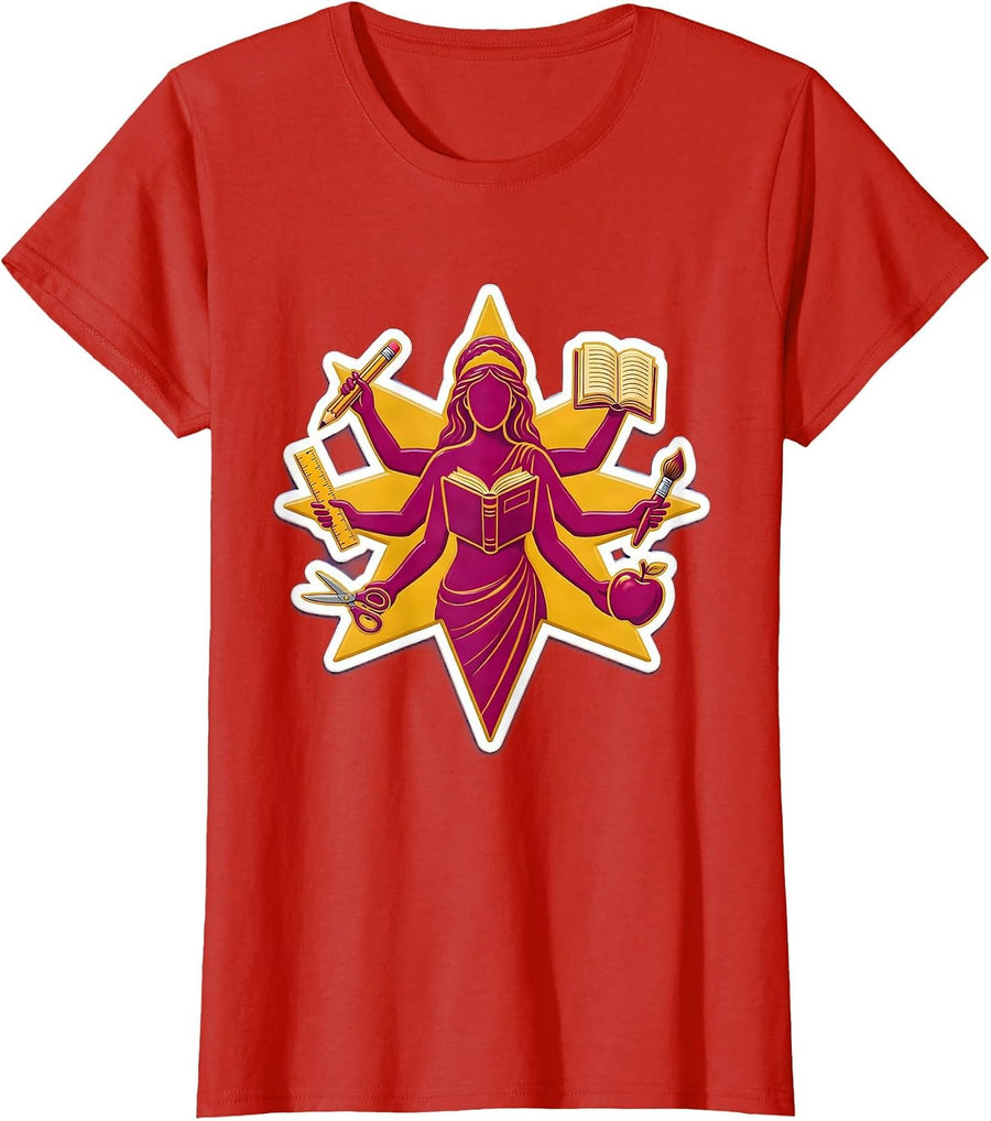 Women's Paraprofessional Multi-Arm School Tools Graphic T-Shirt - Red