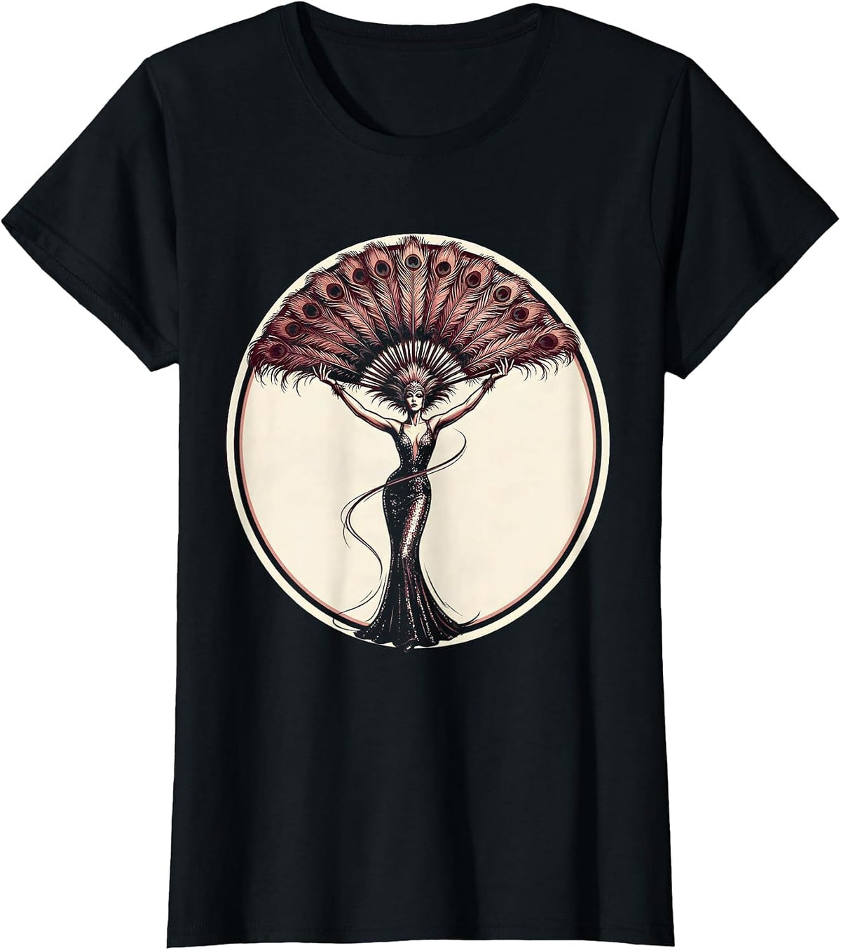 Showgirl Feathered Fan Dance Illustration T-Shirt - Black