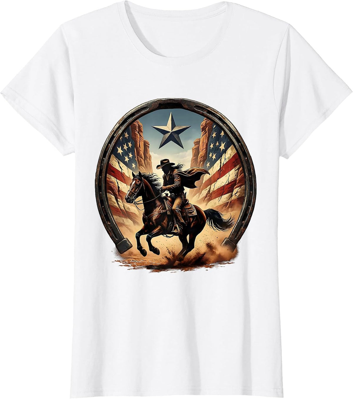 Cowboy Riding Horse Through Canyon Illustration T-Shirt - White
