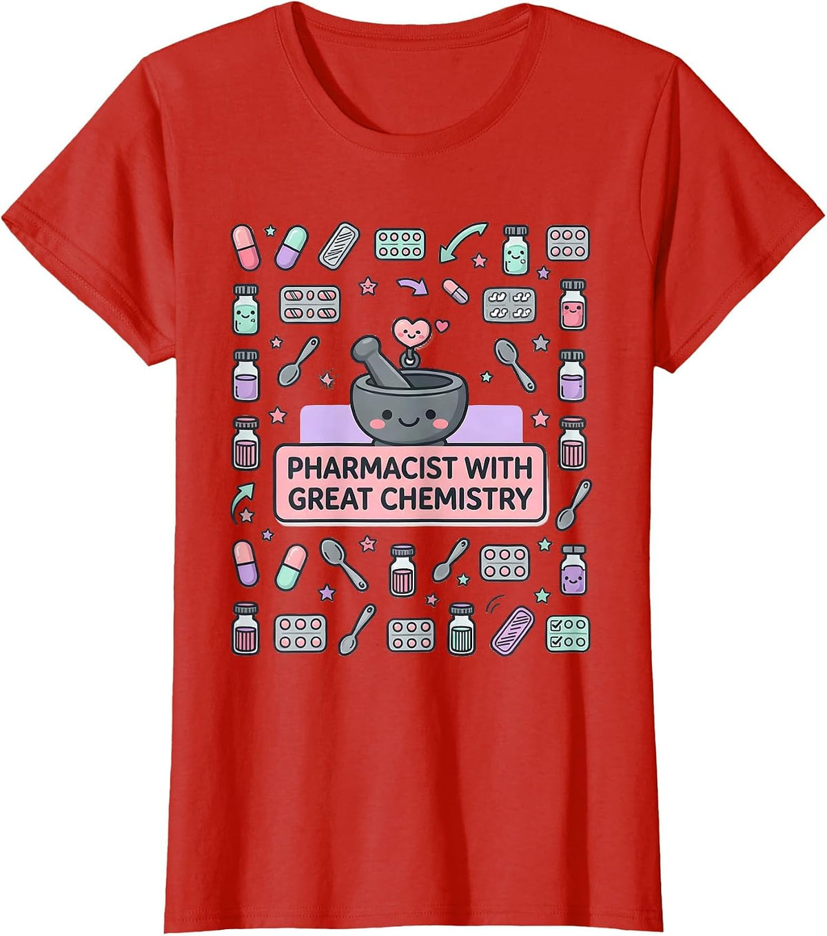 Pharmacist With Great Chemistry Funny Pharmacy Crew T-Shirt - Red