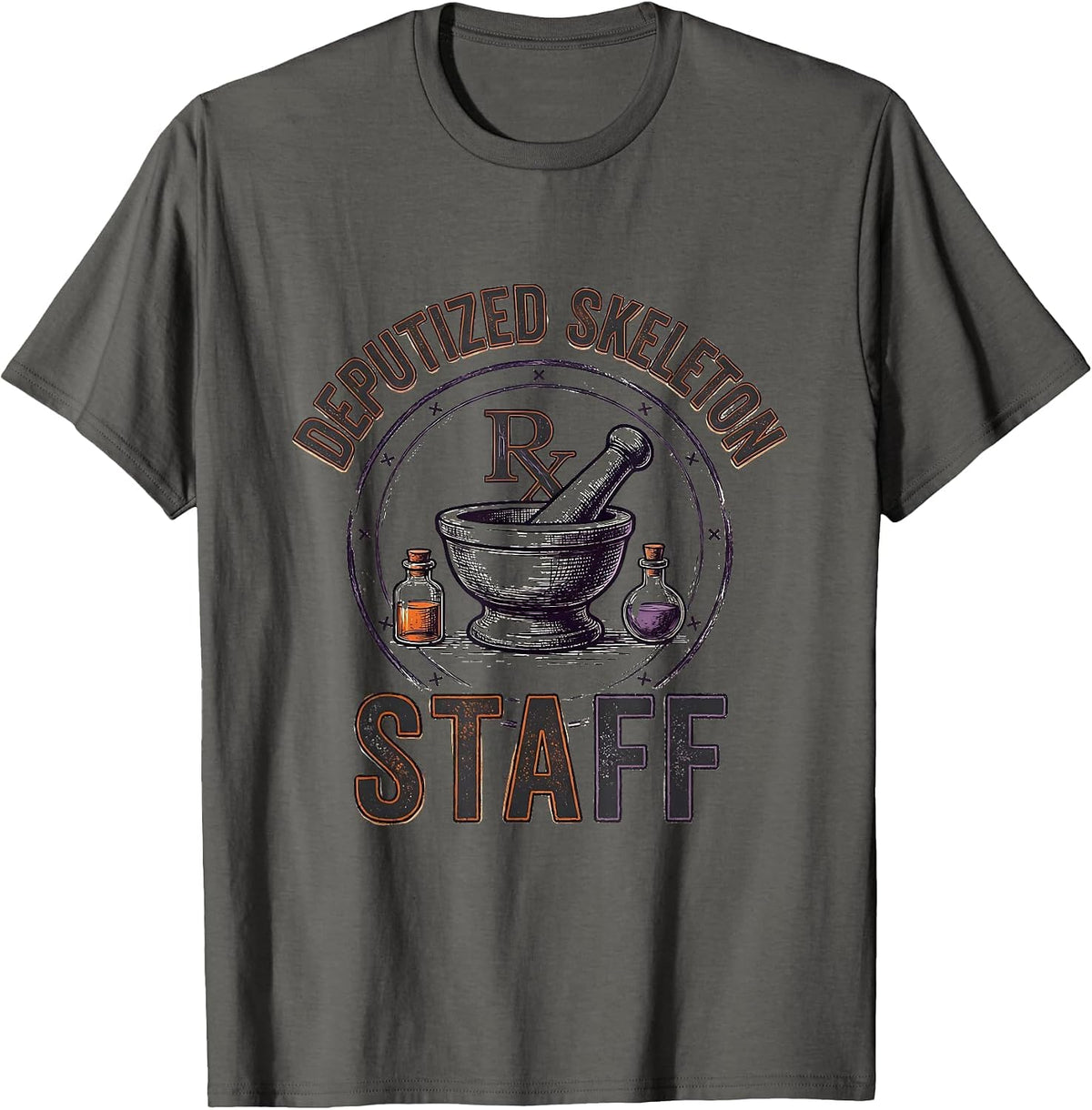 Men's Deputized Skeleton Staff Funny Pharmacy Tech Halloween T-Shirt - Asphalt Grey