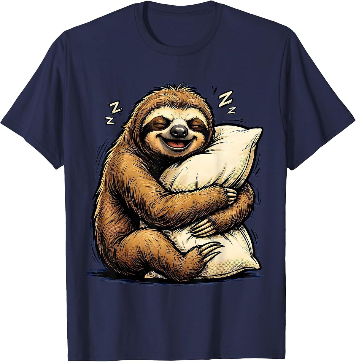 Sleepy Sloth Hugging Pillow Lazy Day Design T-Shirt - Navy Blue